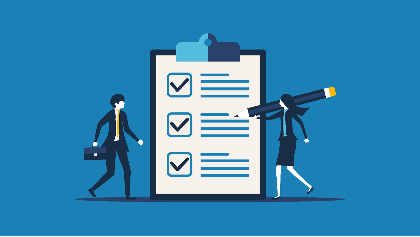 Inspection Readiness Illustration of business man and woman reviewing a check list