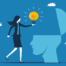 Illustration of a businesswoman holding a glowing light bulb labeled “Idea” while facing a large blue puzzle-piece shape, symbolizing innovation, problem-solving, and turning ideas into solutions. Small white clouds and light rays appear against a blue background.