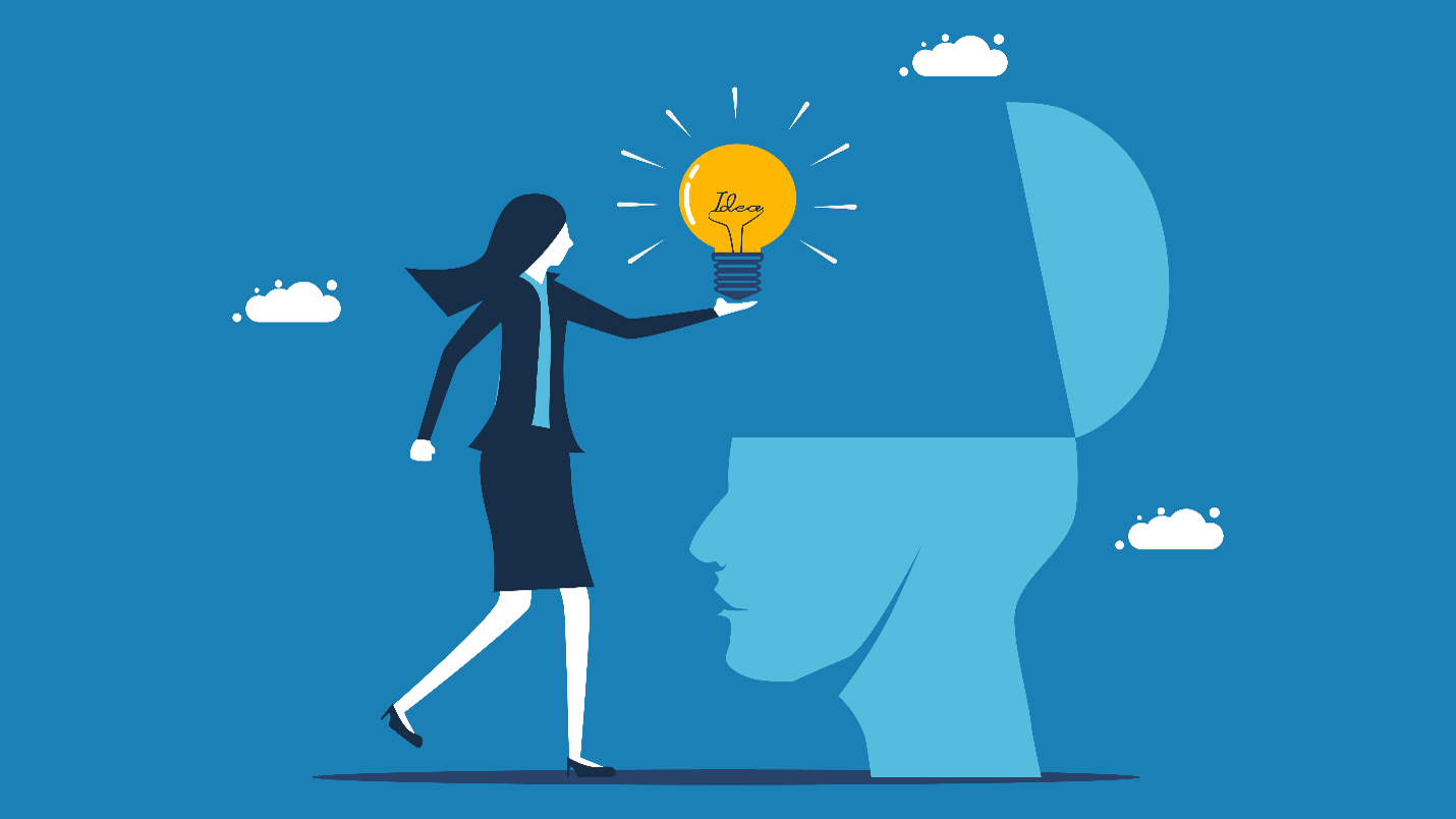 AI governance in GxP operations Illustration of a businesswoman holding a glowing light bulb labeled “Idea” while facing a large blue puzzle-piece shape, symbolizing innovation, problem-solving, and turning ideas into solutions. Small white clouds and light rays appear against a blue background.