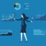 A woman surrounded by a variety of colorful icons, charts, graphs, and data visualizations.