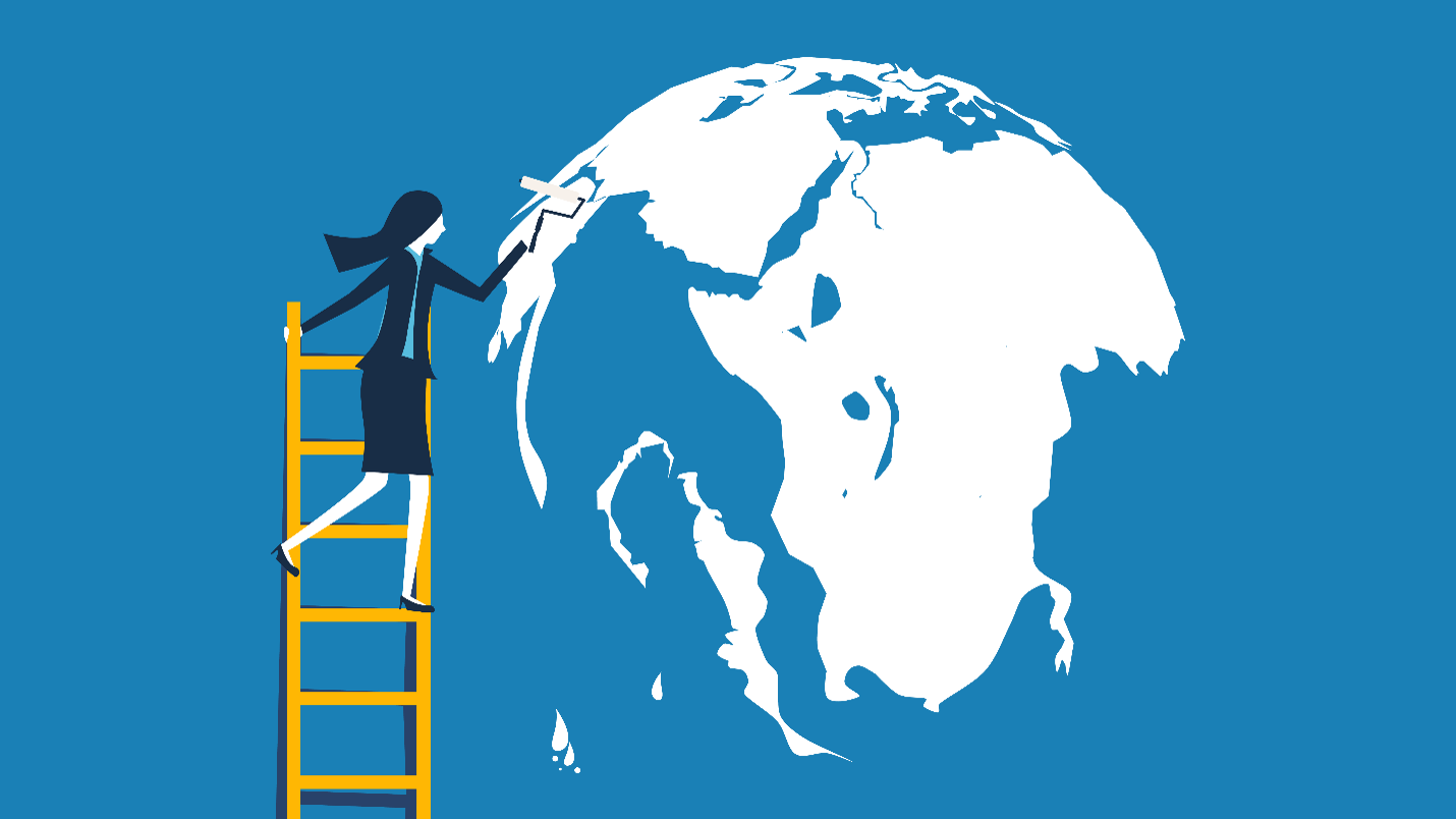 Global Computerized Systems A woman climbing a ladder to paint the Earth.