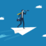 An office man holding telescope on the paper plane