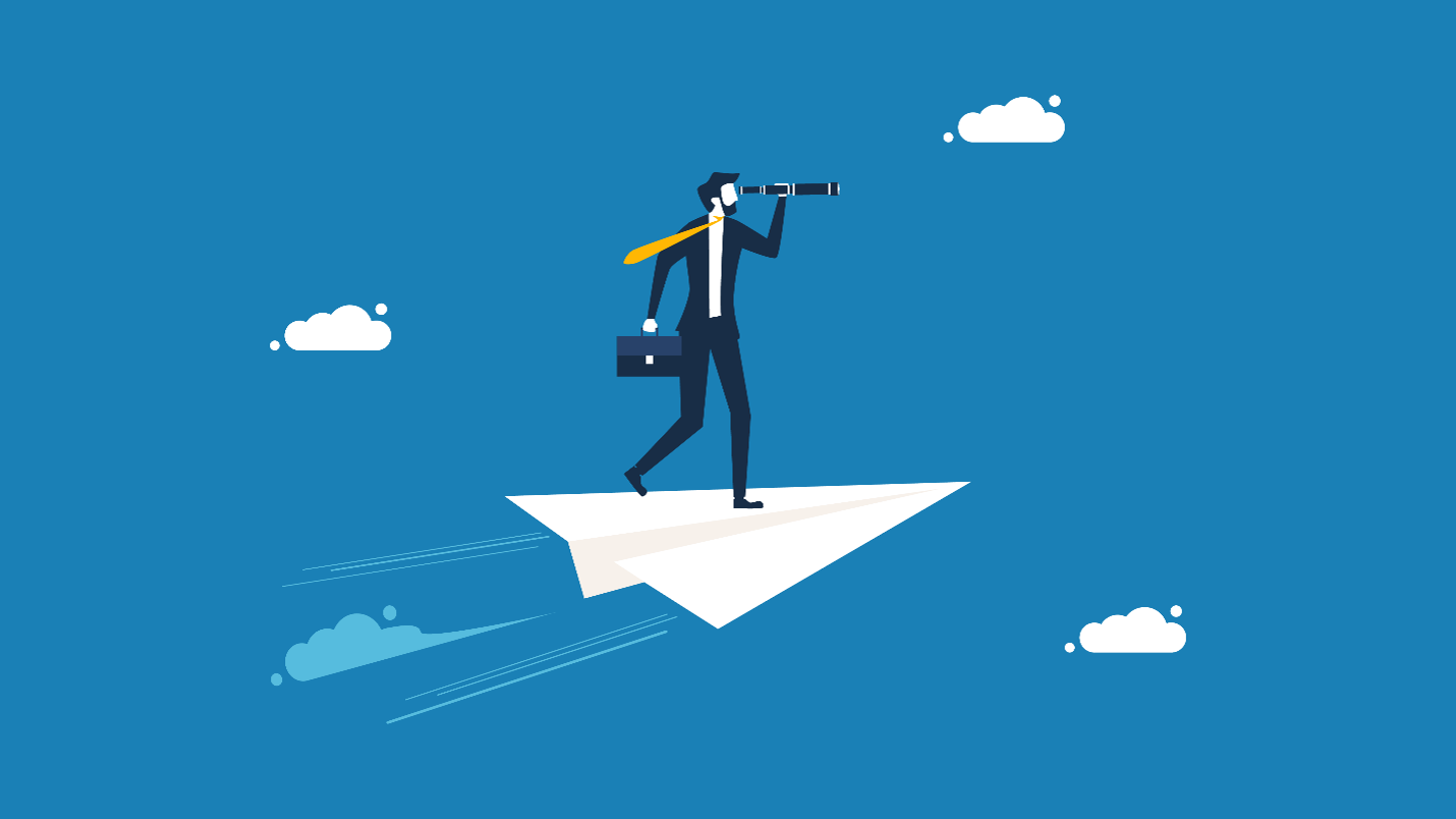 An office man holding telescope on the paper plane