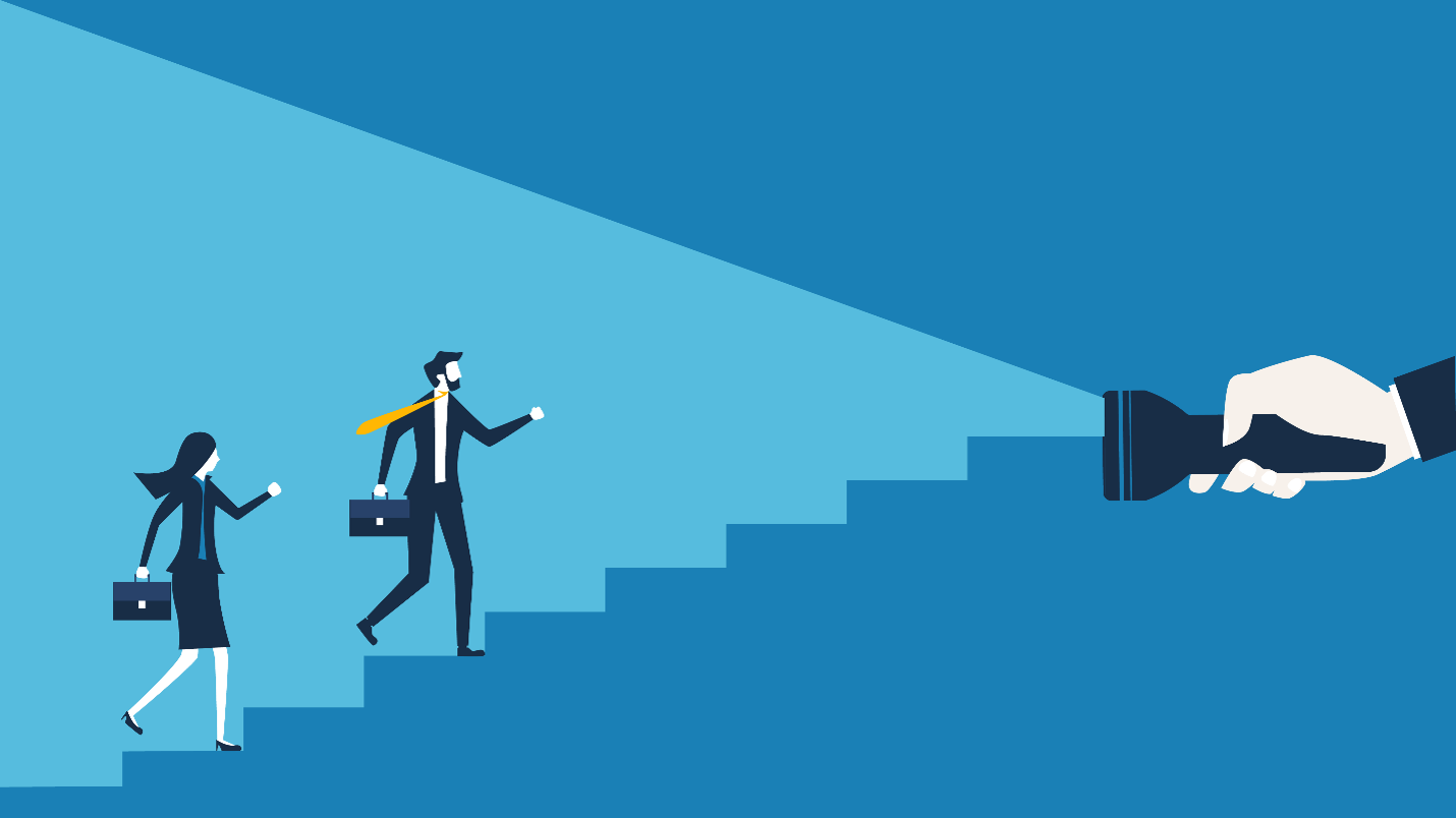 On the left side, two office staff members are climbing the stairs. On the right side, a hand is holding a flashlight and shining its beam toward the two staff members.